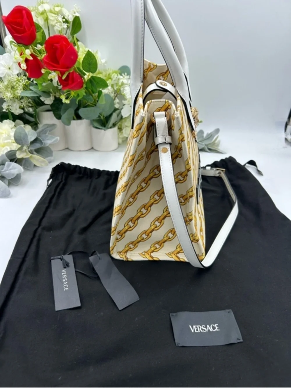 Women’s Versace chain stripe la Medusa tote bag with shoulder strap made Italy